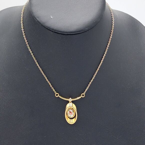 Vintage Dainty Guilloche Painted Flower Small Dangle Rhinestone 15" Necklace - Picture 3 of 4